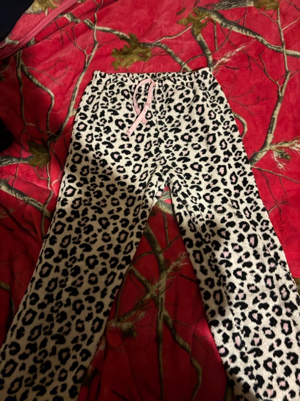 Leopard Print Fleece Pajama Pants with Pink Drawstring